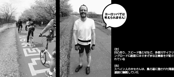 左)
凹凸あり、スピード落とせなど、多摩川サイクリングロードに路面にはさまざまな注意書きが記されている
(右)
スペイン人のホセさんは、風の道に施された薄層塗装に憤慨していた