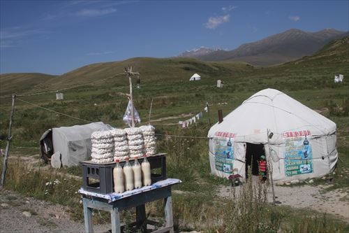 スーサミールの街道沿いには乳製品のクムスやクルトが並ぶ。キルギスの夏の風物詩