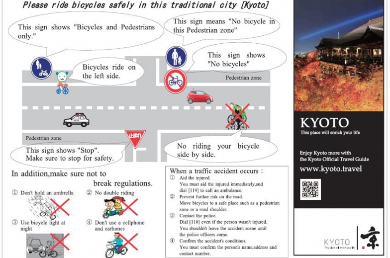 外国人観光客向けに京都市が製作した自転車マナー啓発冊子（表）