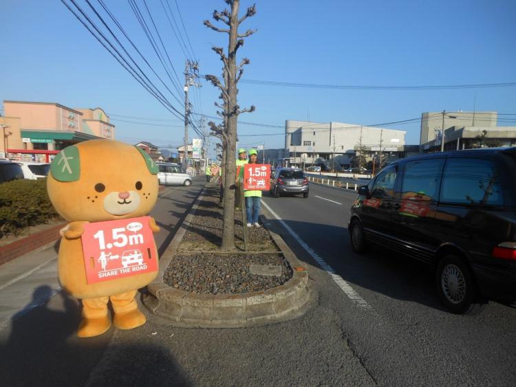 道路脇で「1.5m」と書かれたプラカードを掲げる、愛媛県のゆるキャラ「みきゃん」（愛媛県ウェブサイトから引用）
